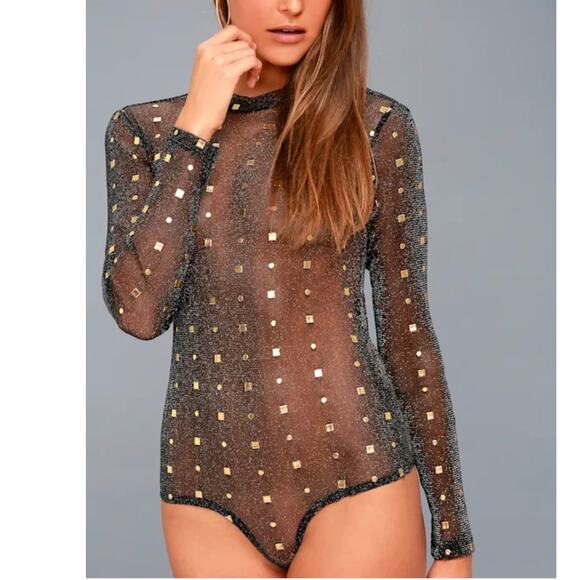 Lulus Rooftop Party Black and Gold Print Sheer Mesh Bodysuit Size M - Picture 3 of 10